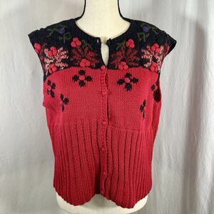 Vintage 90s Ciel Bleu Handknit Sweater Vest Red Black Cottagecore Boho Size M